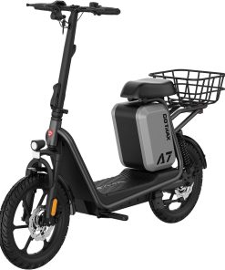 Gotrax adult electric scooter with seat, maximum range of 19-25 miles, all-terrain tires, wide pedals, padded seat, and carrycot