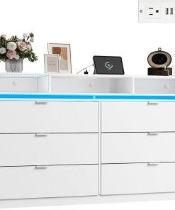 Alternative view of 9 Drawer Led Dresser for Bedroom, 58.35'' Wide Wood Dresser Storage Organizer with Power Outlets for 65'' TV, Dressers with Open Shelves
