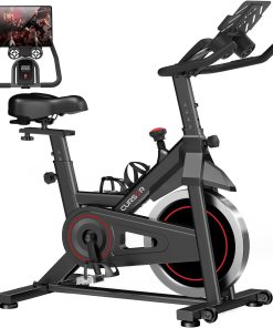 CURSOR FITNESS Exercise Bike, Stationary Bikes for Home, 300 LBS Capacity, Workout Bike with Silent Belt Drive, Indoor Cycling Bike with Extra Comfort Seat/IPad Mount/3 Bottle Holders