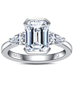 Emerald Cut Moissanite Engagement Ring 3.6cttw(3CT Center Stone) D Color VVS1 925 Sterling Silver 3 Stones Half Bezel Promise Wedding Rings for Women with Certificate