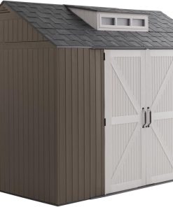 Rubbermaid Resin Outdoor Storage Shed With Floor (7 x 7 Ft) Weather Resistant Gray Organization for Home/Backyard/Garden Tools/Lawn Mower/Bike Storage/Pool Supplies