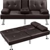 Yaheetech Convertible Sofa Bed Adjustable Couch Sleeper Modern Faux Leather Home Recliner Reversible Loveseat Folding Daybed Guest Bed, Removable Armrests, Cup Holders, 3 Angles, 772lb Capacity, Brown