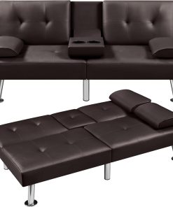 Yaheetech Convertible Sofa Bed Adjustable Couch Sleeper Modern Faux Leather Home Recliner Reversible Loveseat Folding Daybed Guest Bed, Removable Armrests, Cup Holders, 3 Angles, 772lb Capacity, Brown