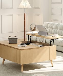 Round Coffee Table with Storage Fluted Center Table with Sliding Cabinet Door for Living Room