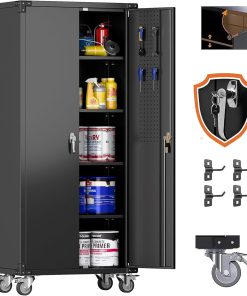 Aobabo 73''H Metal Garage Storage Cabinet with Wheels,Steel Cabinets with 2 Doors and 4 Adjustable Shelves for Home Office,Required Assembly,Black