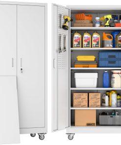 Metal Storage Cabinet with Pegboard 71'' x 34'' x 18'',Lockable Steel Storage Cabinet with 5 Adjustable Shelves and Door for Garage, Office, Kitchen, Assembly Required(Black)