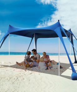 Beach Tent Sun Shelter, 10 x 10 FT Beach Canopy Tent Sun Shade Heavy Duty, UPF50+ Beach Tent Canopy with 8 Sandbags & 4 Stability Poles, Outdoor Beach Shade Canopy for Camping and Fishing, Blue