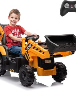 12V JCB Ride On Excavator, Ride on Toys for Kids 4-8, Electric Car for Kids with Tractor, Bulldozer, Digging Arm, Backhoe Toy Car with Slow Start/Stop, Adjustable Speeds
