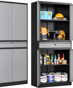 SISESOL Metal Storage Cabinet with Wheels,75 inch Tall Rolling Garage Storage Cabinet with Lock,Black Metal Cabinets with Wheels and Shelves,Deep Heavy Duty Tool Locker for Garage,Home,Office,Shop