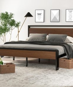 SHA CERLIN 14 Inch Full Size Metal Platform Bed Frame with Wooden Headboard and Footboard