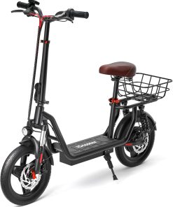 Alternative view of iScooter electric scooter with seat, 37/21 mile range, 28/19/15.6 mph top speed, dual suspension scooter with basket