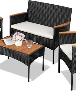 Shintenchi 4-Piece Patio Furniture Set, Outdoor Wicker Patio Conversation Furniture Set with Cushions and Wooden Tabletop for Paito Lawn Backyard, White Cushion