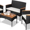 Shintenchi 4-Piece Patio Furniture Set, Outdoor Wicker Patio Conversation Furniture Set with Cushions and Wooden Tabletop