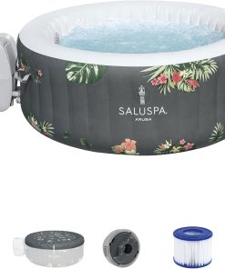 SaluSpa Aruba AirJet Large Round 2 to 3 Person Inflatable Hot Tub Portable Outdoor Spa with 110 AirJets and EnergySense Cover, Grey