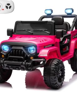 12V Kids Electric Ride on Truck Car Remote Control, Twin 35W Motors 3.5MPH Max Speed, Bluetooth USB Music Player, 4 Wheels Suspension LED Lights Safety Belt, Gift for Boy & Girl-Rosy
