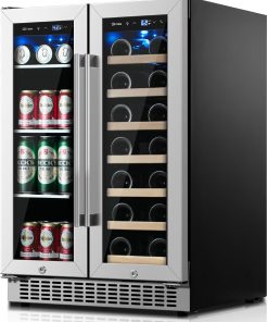 24 inch Dual Zone Beverage Refrigerator, 30 Bottles & 82 Cans Wine Fridge Built-in or Freestanding with Glass Door, Wine and Beverage Refrigerator Cooler for Kitchen Home Bar