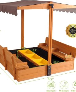 Alternative view of Kids Wooden Outdoor Sandbox w/Canopy, 2 Foldable Bench Seats, Retractable Roof Sand Protection Liner 47x47-Inch