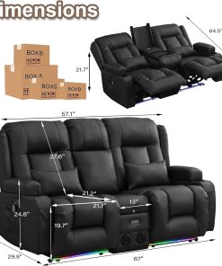 Alternative view of TUNYI Power Loveseat Recliner Sofa with Massage & Heat Home Theater Seating with Console Electric Recliner RV Sofa with USB/Outlet/Storage/Side Pocket/LED Light/Speaker (Brown, Loveseat)