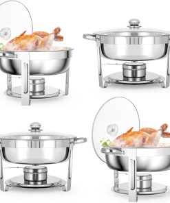 5 QT Chafing Dishes, 4 Pack Premium Stainless Steel Complete Set, Round Chafing Dish Buffet Set, Heating and Cooling Chafing Dish for Gatherings Banquets, Buffets, Parties, Weddings