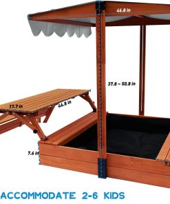 Alternative view of Wooden Kids Sandbox with Lid Outdoor Sand Box with Picnic Table Foldable, Sandpit with Cover Ages 4-8, Adjustable Canopy Bottom Liner for Backyard Garden