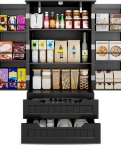 Gizoon Kitchen Pantry Storage Cabinet with Drawers Freestanding Bathroom Storage Cabinets with Doors and Shelves, 47" Small Food Pantry Cabinet for Dining Room Craft Room, White