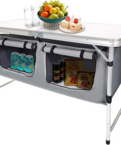 Outdoor Folding Table Aluminum Lightweight Height Adjustable with Storage Organizer for BBQ, Party, Camping