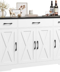 Alternative view of HOSTACK Buffet Cabinet with Drawers, 55" Large Sideboard Buffet Storage Cabinet with Shelves and Doors, Modern Farmhouse Coffee Bar Station Wood Kitchen Table for Kitchen, Dining Room, White/Rustic