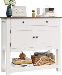 HOSTACK Farmhouse Console Table with 2-Door Cabinet & 2 Drawers, Coffee Bar, Entryway Table with Storage Shelf, Sofa Tables Buffet Sideboard for Kitchen, Hallway, Dining, Living Room, Rustic Brown