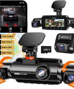 360° Dash Cam 4-Channel FHD 4*1080P Wi-Fi GPS Voice Control Car Camera, Front 2K+1080P*2 Dash Cam, with 64GB SD Card, Night Vision, 24-Hour Parking Mode