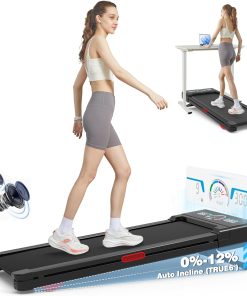 The Walking Pad treadmill features 12% 9-level automatic incline, 450-pound capacity, RGB LED screen, and Bluetooth speakers.