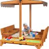 Kids Wooden Outdoor Sandbox w/Canopy, 2 Foldable Bench Seats, Retractable Roof Sand Protection Liner 47x47-Inch