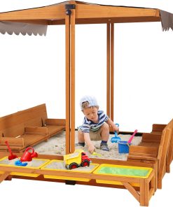 Kids Wooden Outdoor Sandbox w/Canopy, 2 Foldable Bench Seats, Retractable Roof Sand Protection Liner 47x47-Inch