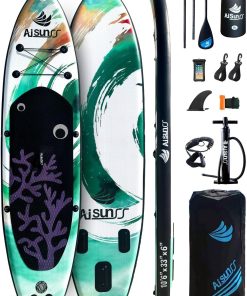Inflatable wide SUP board with SUP carrying bag, hand pump, 10L waterproof bag and adjustable paddle