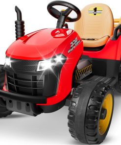 24V Ride On Tractor w/Tiltable & Detachable Trailer, 2x65W Motors, EVA Tires, Remote Control, Bluetooth, Shifter, Music, Electric Car for Kids, Green