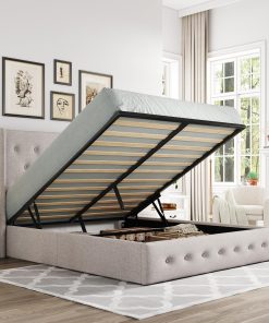 Allewie Queen Size Lift Up Storage Bed Modern Wingback Headboard Hydraulic Support