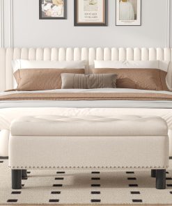 Furniliving Modern Storage Ottoman Bench, Sherpa Ottoman End of Bed Bench with Solid Wood Legs Upholstered Ottoman Benches with Storage Indoor Bench for Living Room with Rolled Arm, Entryway, White