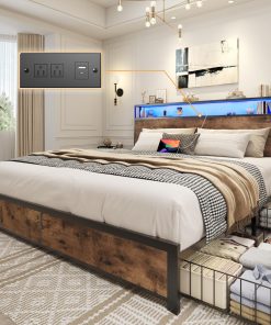 Lifezone Queen Bed Frame with 2-Tier Storage Headboard, Metal Platform Bed Frame with 4 Storage Drawers, Built in Charging Station & LED, Noise-Free/Metal Support/No Box Spring Needed