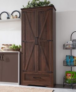 JXQTLINGMU Farmhouse Kitchen Pantry Cabinet - 72" Tall Wood Kitchen Storage Cabinets with Adjustable Shelves & 2 Barn Style Doors & Drawer, Versatile Storage for Dining Room, Bathroom, Antique White