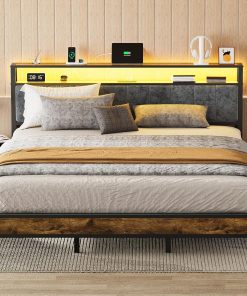 OLEVS Single Bed Frame LED Light Storage Headboard Charging Station Metal Platform Bed