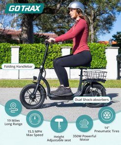 Alternative view of Gotrax adult electric scooter with seat, maximum range of 19-25 miles, all-terrain tires, wide pedals, padded seat, and carrycot