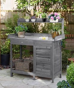 Alternative view of Yaheetech Outdoor Garden Potting Bench Table Work Bench Metal Tabletop W/Cabinet Drawer Open Shelf Natural Wood
