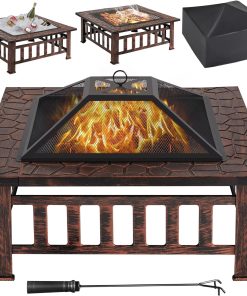 Yaheetech Multifunctional Fire Pit Table 32in Square Metal Firepit Stove Backyard Patio Garden Fireplace for Camping, Outdoor Heating, Bonfire and Picnic