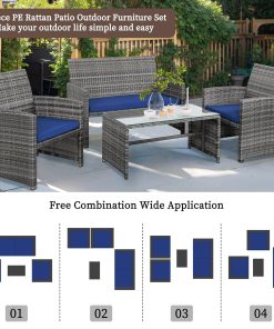 Alternative view of Shintenchi 4 Piece Patio Ratten Set Outdoor Furniture Set Wicker Conversation Set with Cushions and Tempered Glass Tabletop,Beige