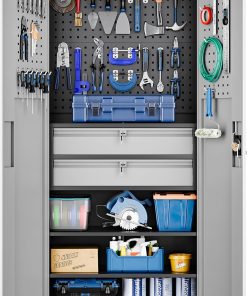 Yizosh Metal Garage Storage Cabinet with Locking Doors and 2 Drawers, Heavy Duty Steel Tool Cabinet with Pegboard, 71" - Lockable Cabinets