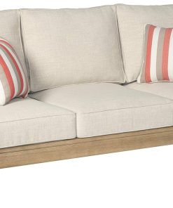 Signature Design by Ashley Clare View Coastal Outdoor Patio Eucalyptus Sofa with Cushions, Beige
