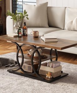 GiftGo Rustic Style Coffee Table Storage Industrial Style Three Tier Centerpiece Living Room Table