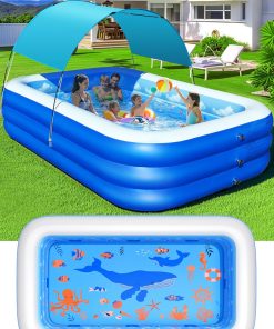 Inflatable Pool with Canopy,Upgraded Inflatable Swimming Pool for Kids,Adult,Large Inflatable Blow up Pools,Ocean Theme Oversized Thickened 105"x75"x25"Inflatable Family Pools for Backyard-Blue