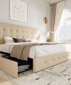 Allewie Upholstered Queen Size Platform Bed Frame with 4 Storage Drawers and Headboard
