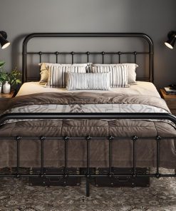 Allewie Queen Size Metal Platform Bed Frame with Victorian Style Wrought Iron-Art Headboard