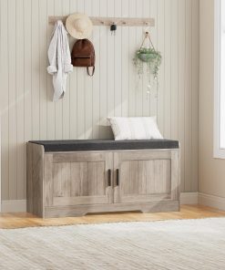 Alternative view of 2-Tier Storage Bench, Shoe Bench with Thickened Padded Seat Cushion, Entryway Bench with 4 Doors, Adjustable Shelf, 13.8" D x 45.3" W x 18.5" H, for Entryway, Living Room, Bedroom, White